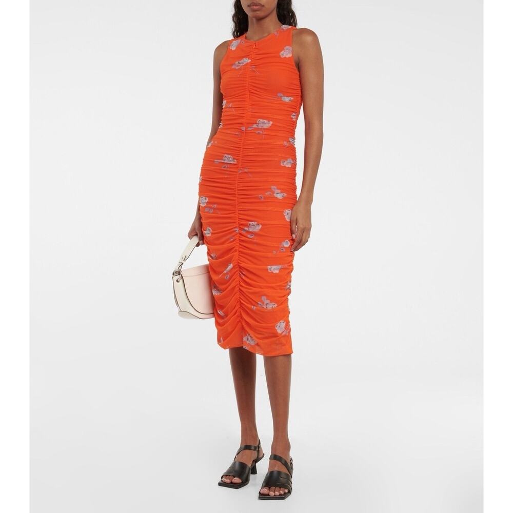 GANNI Printed Mesh Ruched Sleeveless Midi Dress Orange